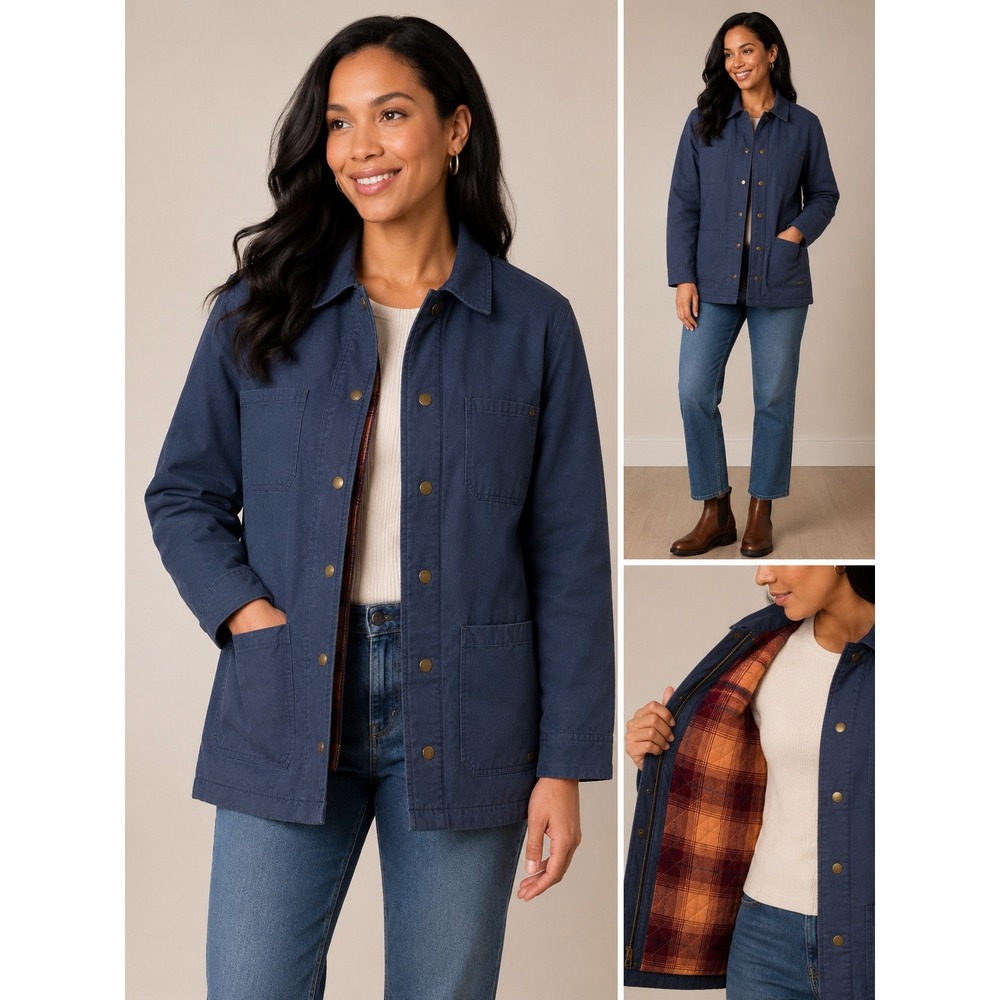 Natural Reflections Barn Jacket Large Navy Canvas Plaid Quilted Lining EUC
